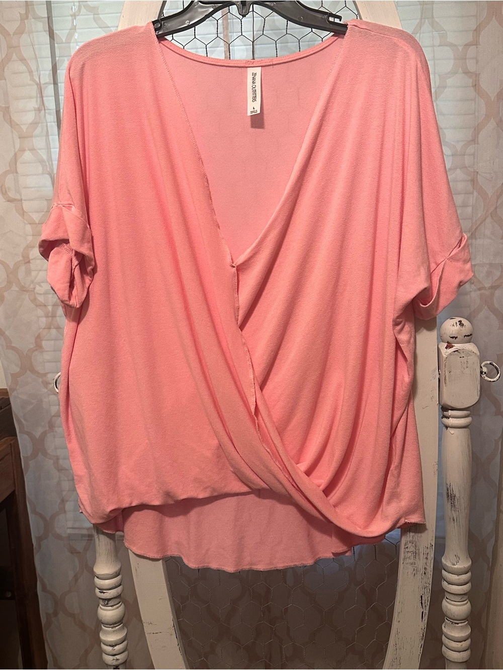 Zenana Outfitters Coral Pink Drape Front Surplice Top